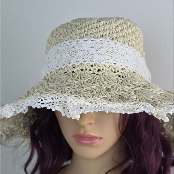 🔸️⏭️NWT Cream Wide Brim Ruffled Lace Straw Hat - Picture 4 of 13